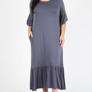 PLUS SIZE KNIT MAXI DRESS with RUFFLED SLEEVES -